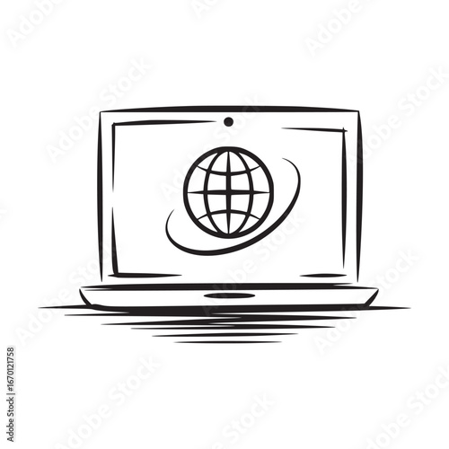 A stylized laptop displaying a globe with an orbital path in a minimalist black and white design