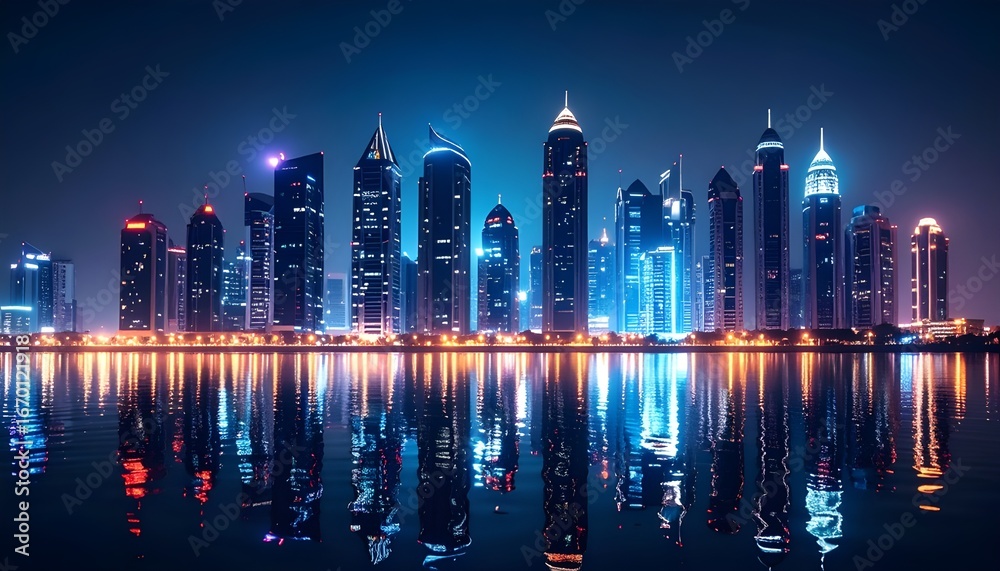 Fototapeta premium Dubai Skyline at Night A Stunning Reflection of Modern Architecture