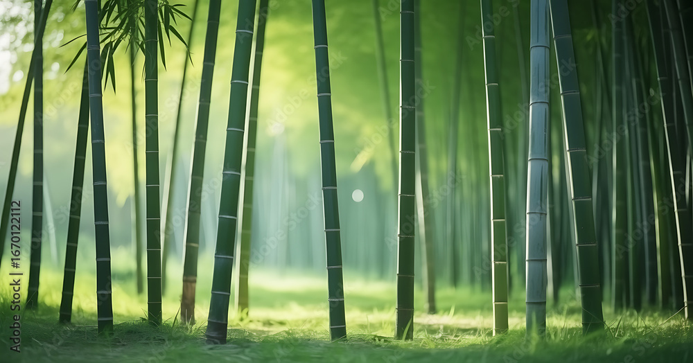 Fototapeta premium Sunlight filters through a dense grove of towering bamboo stalks.
