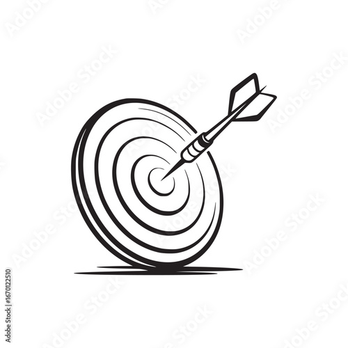 A dart hitting the center of a target with concentric circles in a black and white graphic illustration