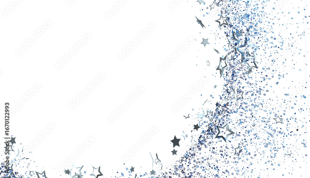 Obraz premium Elegant silver glitter stars and confetti on white. Perfect for holiday cards, invitations, and festive designs.