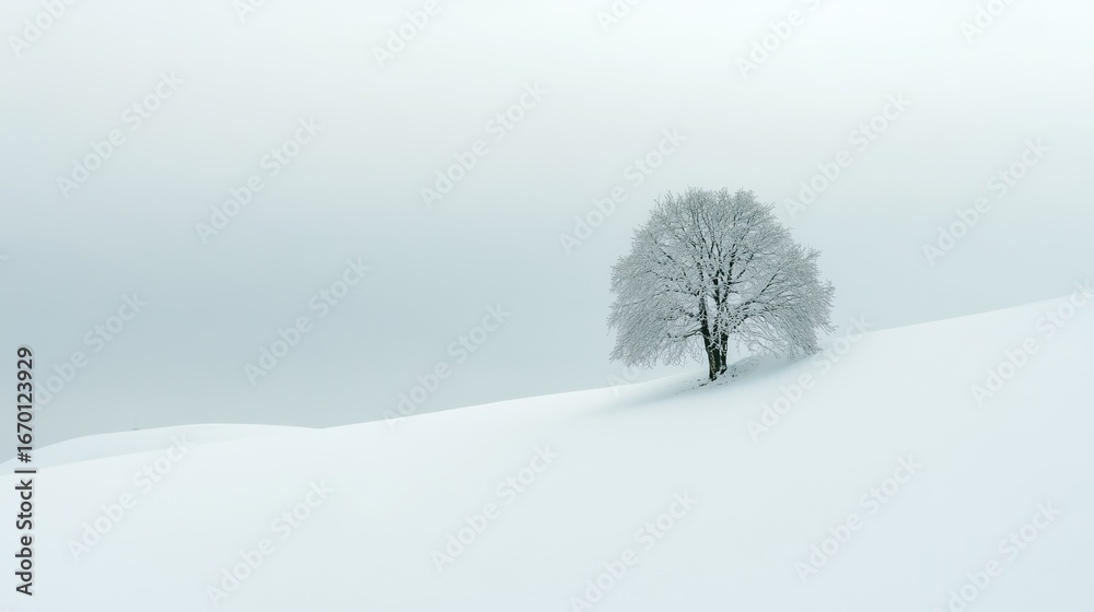 Fototapeta premium Single Snow-Covered Tree on White Hill – Minimalist Winter Landscape with Soft Gray Sky