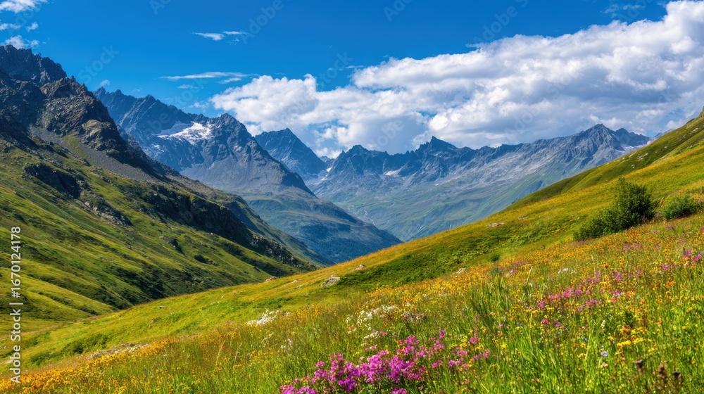 Fototapeta premium Vibrant alpine landscape with colorful wildflowers in the foreground and majestic mountains in the background