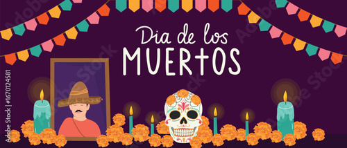 Dia De Los Muertos horizontal banner. Mexican Day of the Dead. Altar with marigolds, candles and skull