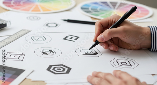 Hand sketching geometric logo designs on paper, surrounded by color palettes and ruler, showcasing creative process and brand identity development