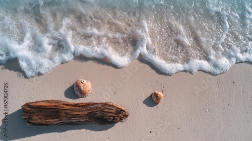 Coastal Calm: Witness the serene meeting of the ocean and shoreline, where gentle waves caress the sandy beach, and scattered treasures rest in peaceful harmony.