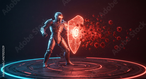 Advanced Robotic Protector Utilizing a Potent Energy Shield to Repel Intrusive Digital Threats in a Striking Neon Cyber Landscape