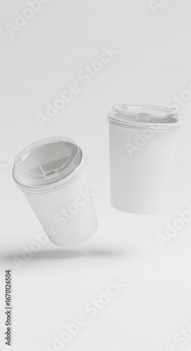 Wallpaper Mural Two blank white disposable cups with clear lids, dynamically suspended against a clean, minimalist background, perfect for modern branding, packaging mockups, and creative design projects Torontodigital.ca