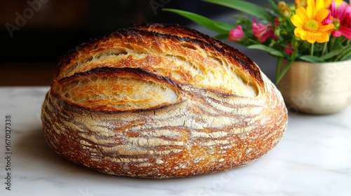 Wallpaper Mural Freshly Baked Artisan Bread Loaf with Colorful Flower Arrangement Torontodigital.ca