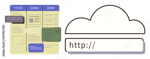 Task management board displaying to-do, doing, done statuses alongside cloud and URL elements. Ideal for productivity, teamwork, organization, cloud services, collaboration, planning simple flat