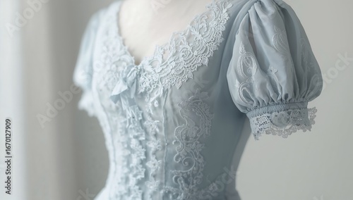 Close up of a vintage light blue dress with elegant lace embroidery and puff sleeves, bridal or formal wear detail. Detail of elegant historical or Edwardian style blue gown.