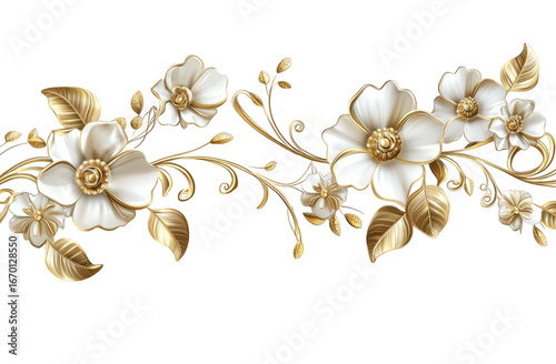 Wallpaper Mural Elegant floral border with golden leaves and white flowers isolated on transparent background Torontodigital.ca