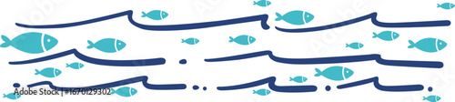 School of fish swimming in ocean wave line illustration for coastal living and nautical concept.