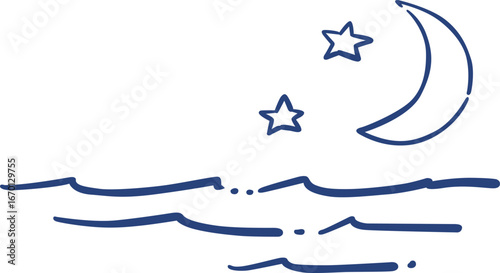 Moon and star with ocean wave doodle illustration for decoration on sea life and marine life concept.