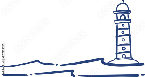 Lighthouse on coastal beside sea and wave doodle illustration for decoration on nautical and coastal living concept.