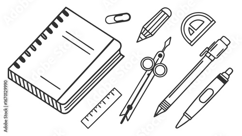 Hand-drawn stationary elements on white background with notebook pencil ruler compass and pens.