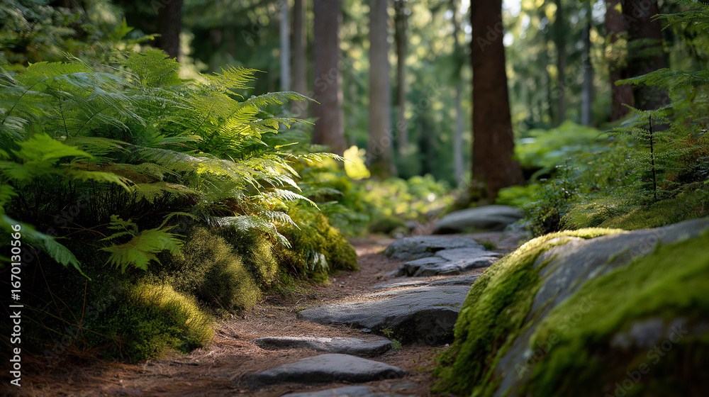 Fototapeta premium A forest path with moss and ferns, the lush scene illuminated by soft sunlight. Path, forest, with copy space