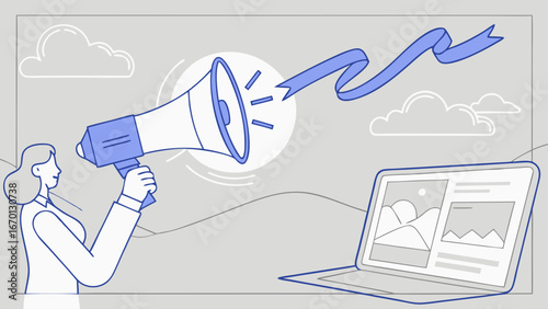 Online announcement digital marketing social media promotion megaphone laptop ribbon news website update business communication promotion advertising marketing concept announcement illustration onlin.