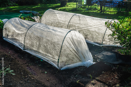 Low tunnels crafted from garden fabric provide essential protection for plants in a vegetable garden during winter months, promoting healthy growth and ensuring a bountiful harvest