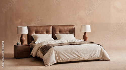 Desert Modern bedroom with leather headboard, linen bedding, and terracotta accents for autumn warmth