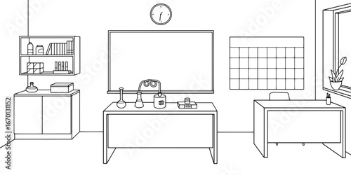 Chemical classroom graphic black white interior sketch illustration vector