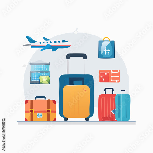 Travel and tourism flat vector icon set with airplane, luggage, hotel, and map symbols. Clean minimal design, perfect for infographic and apps.
