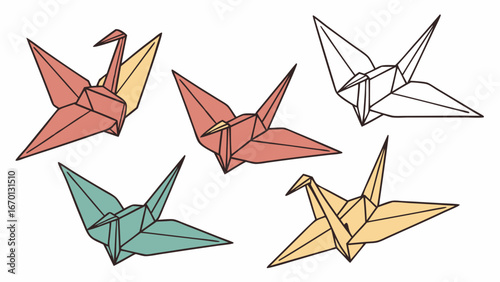 Collection of Colorful Origami Paper Cranes Folded Birds Craft Illustration Design Element.