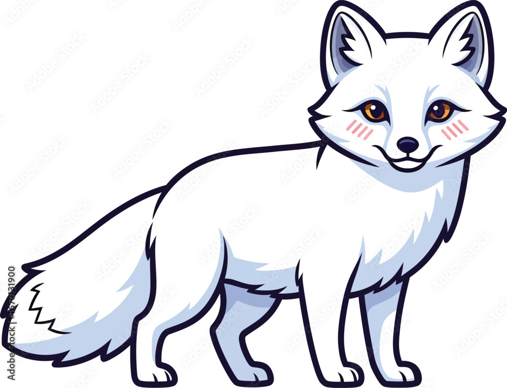 Obraz premium Cute cartoon arctic fox with white fur and blush cheeks standing and smiling.