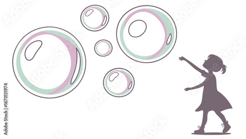 Silhouette of a child reaching for pastel soap bubbles vector illustration for childrens book card or print design.