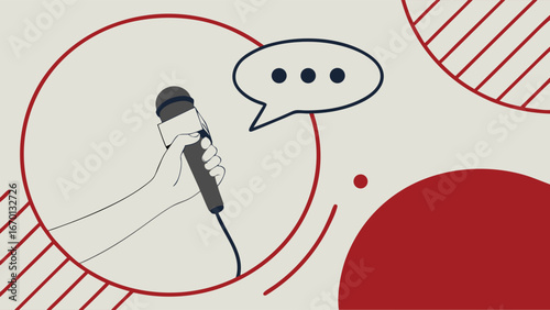 Abstract Illustration of a Hand Holding a Microphone with Speech Bubble and Geometric Shapes.