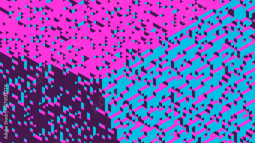 Voxel artwork made of countless cubes in isometric projection creating futuristic labyrinth of geometric shapes in neon colors. Complex geometric structure in isometric order for futuristic design