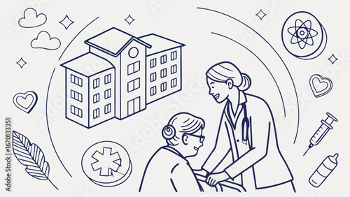 Healthcare worker assisting elderly person medical illustration senior care hospital building line art vector graphic.