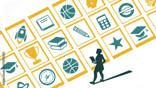Educational Path Icon Set with Woman Walking a Tightrope.