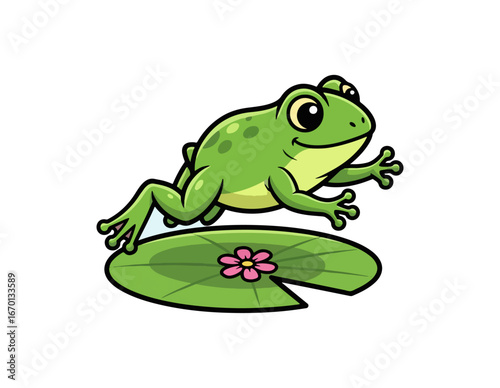 Cute cartoon frog jumping on lily pad