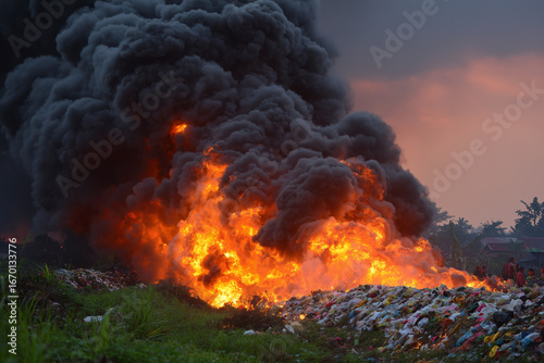 pile of burning plastic and paper waste, large blazing fire, black smoke billowing, rural background