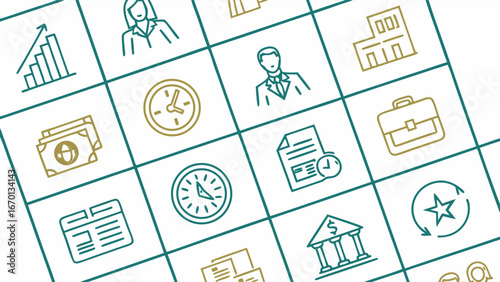 Business icons finance management banking corporate strategy growth success planning teamwork investment time management workflow document report money wealth financial professional career job employ.