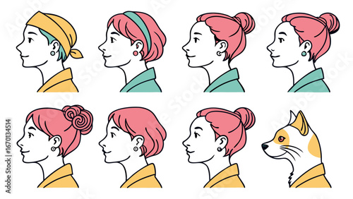 Stylized Illustrations of Various Profiles in Different Hairstyles and a Dog.