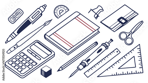 Hand-drawn Stationery Tools Illustration for Education Design and Office.