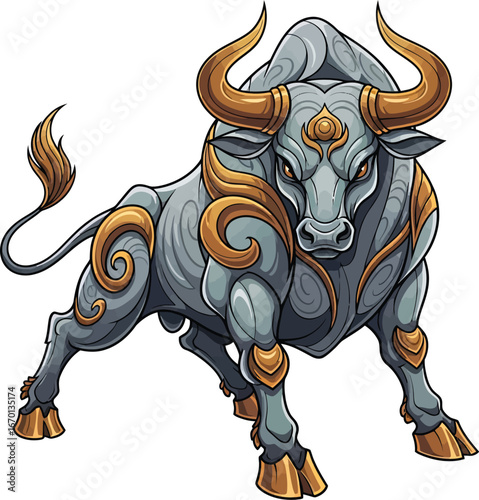 A powerful, stylized grey bull with golden horns and ornate patterns, depicted in a dynamic pose.