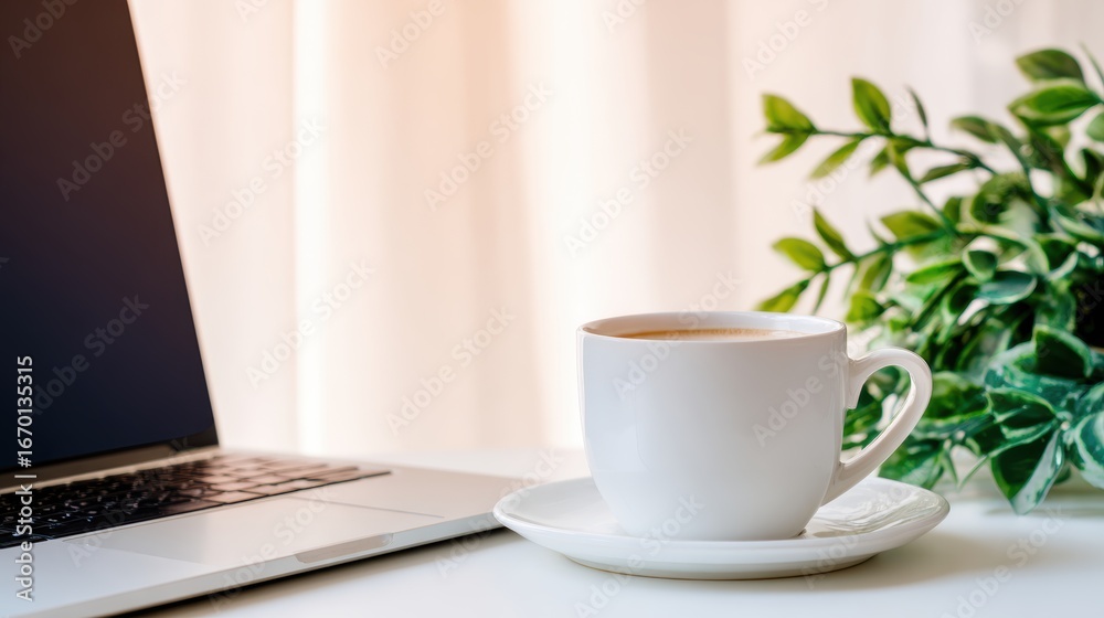 Obraz premium Cozy workspace featuring a steaming cup of tea beside a laptop with lush greenery in the background