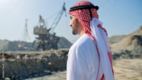 Arab Man In Traditional White Dress Looking Sideways At Construction Site