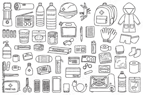 防災リュックと防災グッズにまつわる線画イラスト
