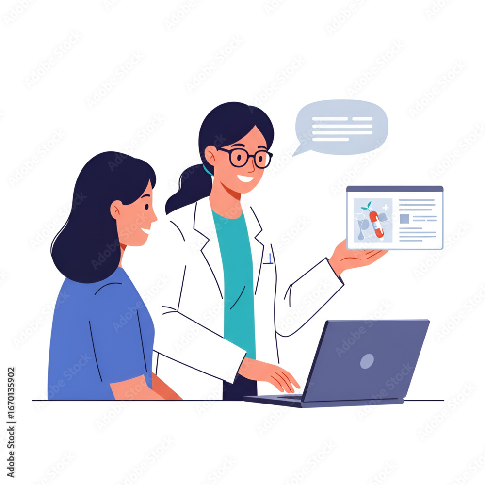 Fototapeta premium Doctor explaining medical results to a patient using a laptop and digital display