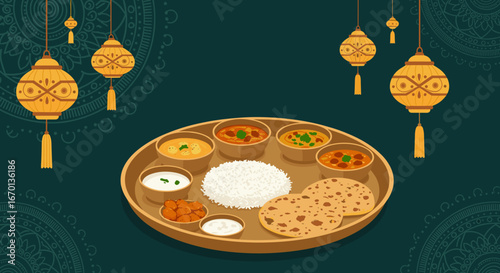 Illustration of traditional Indian Thali with various dishes, suitable for food blogs, restaurant advertisements, cultural events dedicated to Indian cuisine during holidays like Diwali