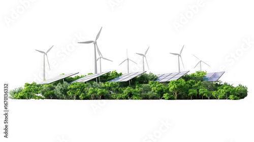 A green landscape with solar panels and wind turbines, symbolizing renewable energy and sustainability, isolated on a transparent background