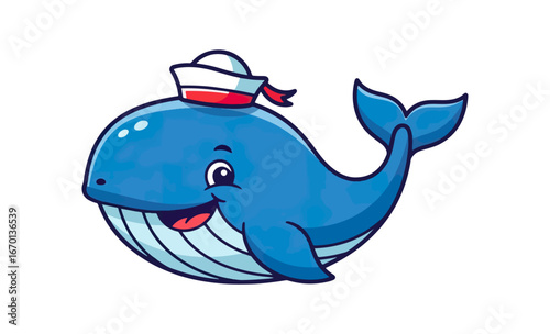 Cute cartoon whale with sailor hat illustration