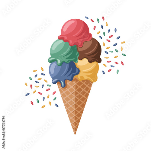 A deliciously colorful ice cream cone overflowing with multiple flavors and sprinkles