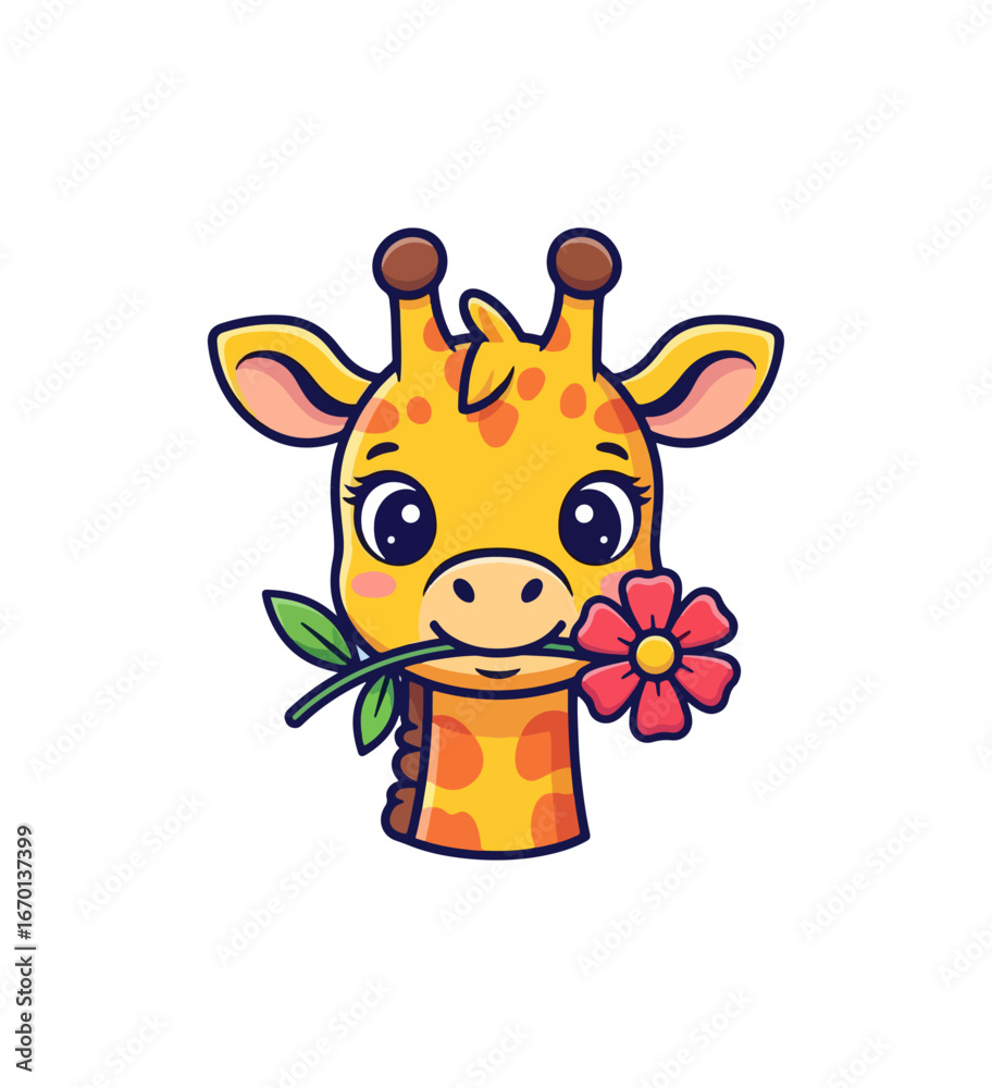 Naklejka premium Cute giraffe holding flower cartoon illustration