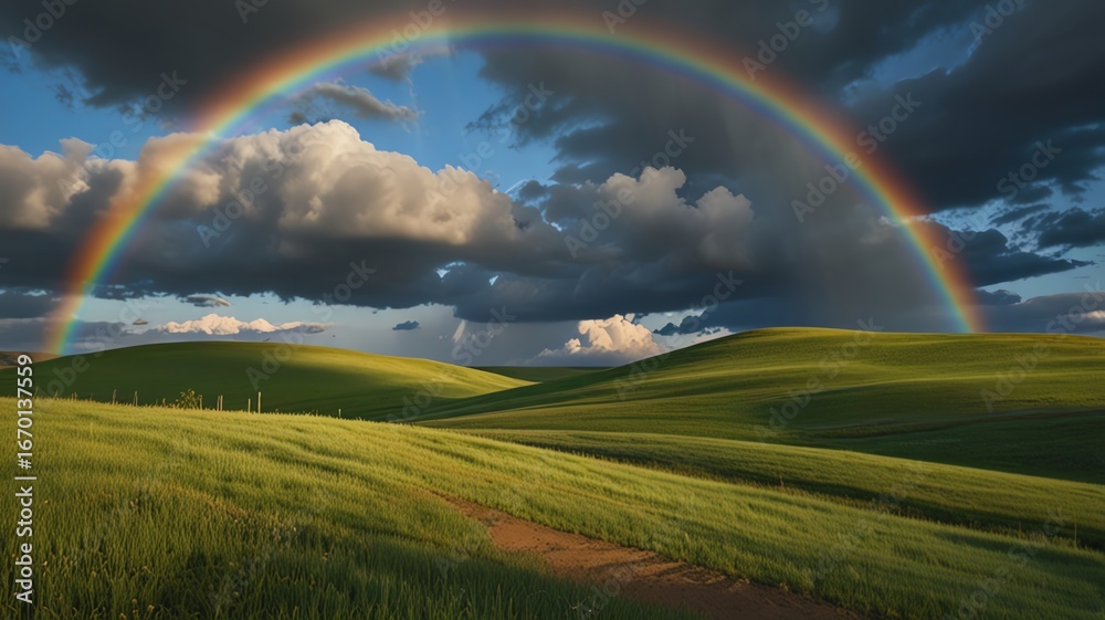 Naklejka premium landscape with rainbow over the field