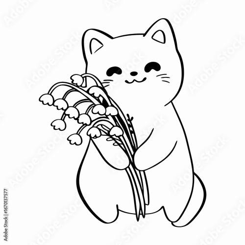 A minimalist black and white line art Cute kawaii white cat holding a flower